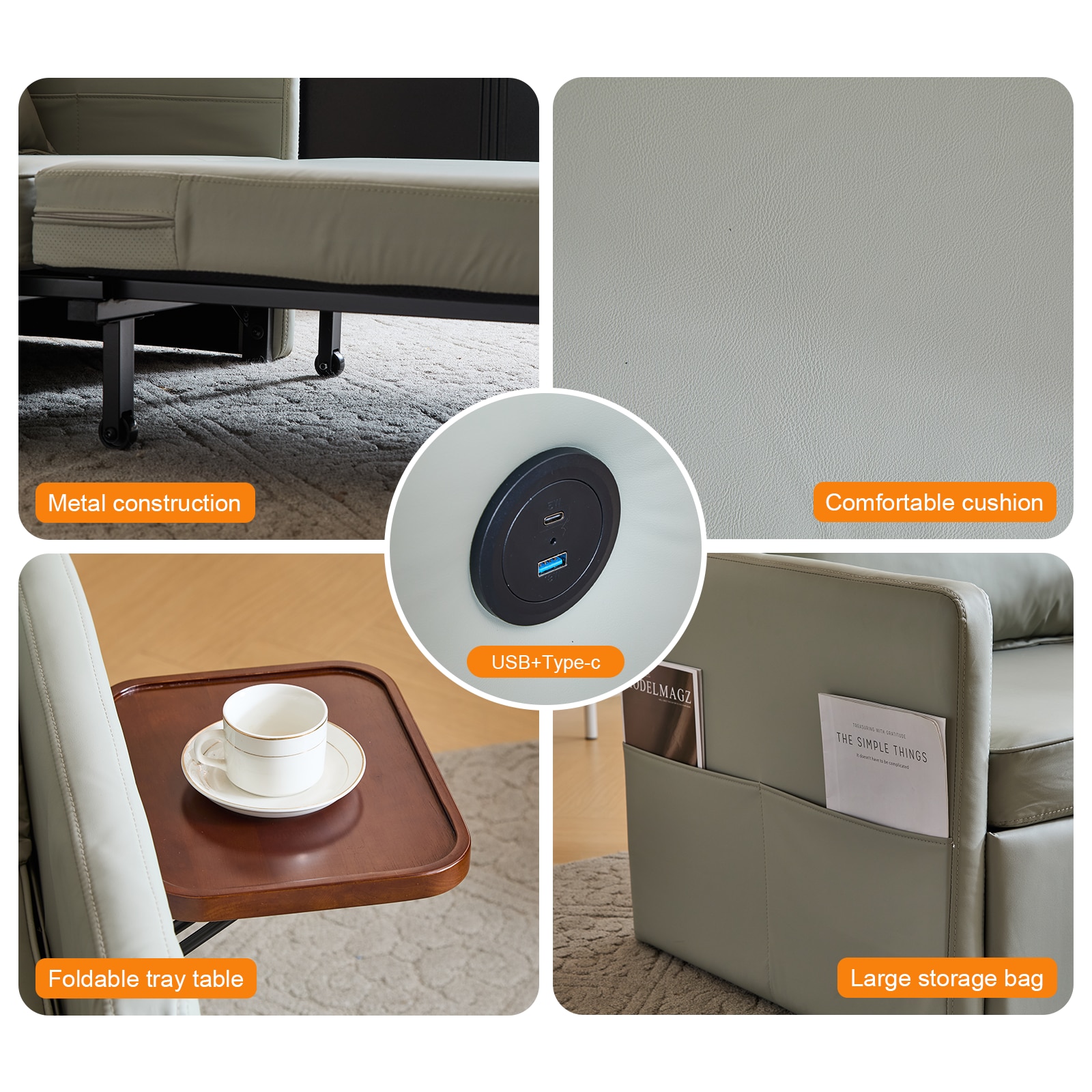 Sleeper Chair Bed, 3-in-1 Convertible Sofa Bed Pull-out Sofa Bed, Convenient Folding Tray Table With USB And Type-C Charging Ports,Grey,Leather_voghion.com